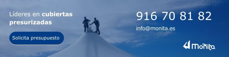Banner de Moñita para solicitar presupuesto de cubiertas presurizadas con información de contacto.