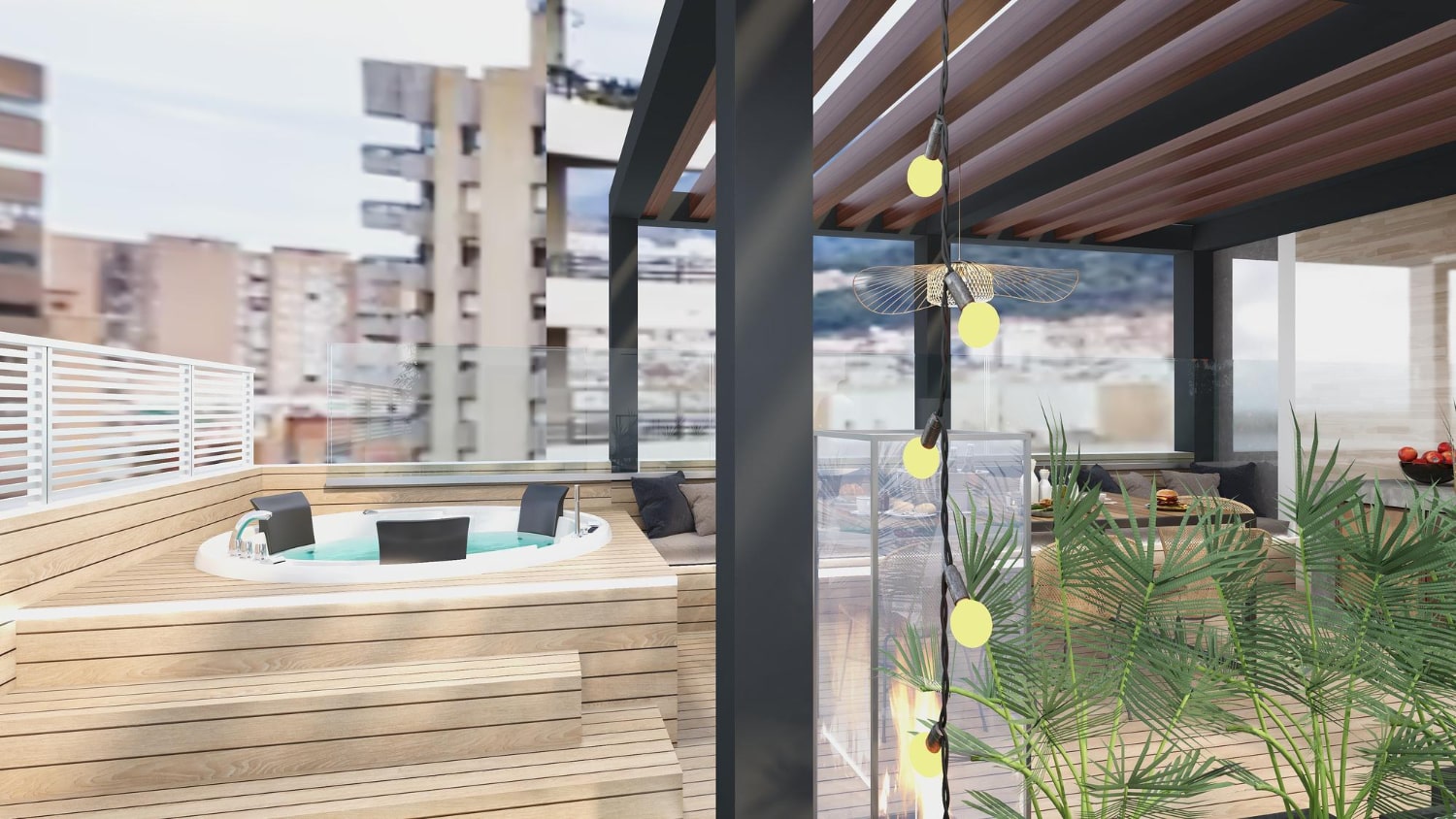 Pérgola bioclimática instalada en terraza urbana con lamas orientables para control solar y protección exterior